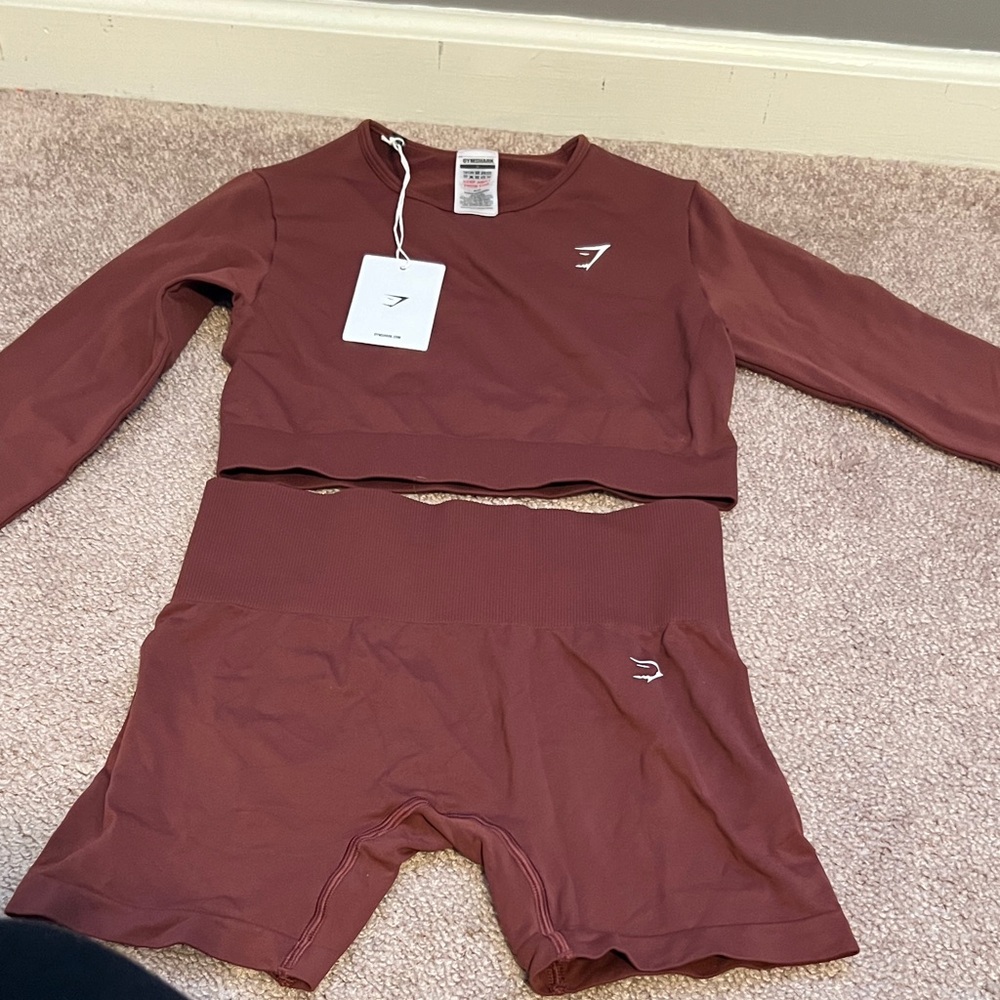 New Gym Shark Small Brown Long Sleeve Crop Top and Shorts Set